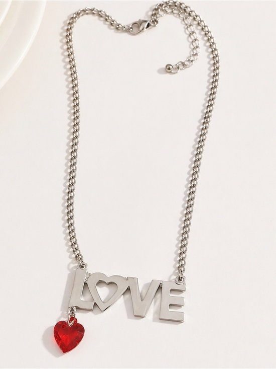 Jewelry - Silver “LOVE” Choker Necklace w/ Red Heart Charm – Adjustable Chain